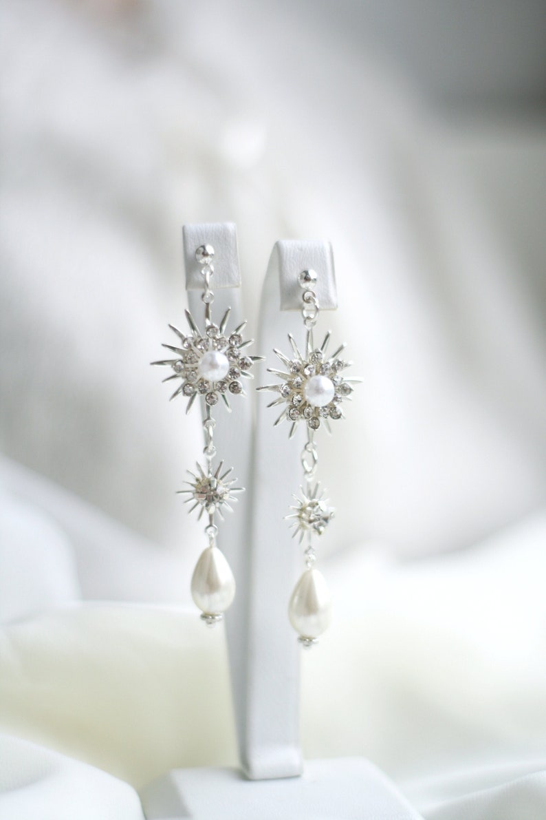 Silver Star Earrings, Drop Pearl Wedding Earrings Silver, Pearl Silver Bridal Earrings, Celestial Star Earrings earrings