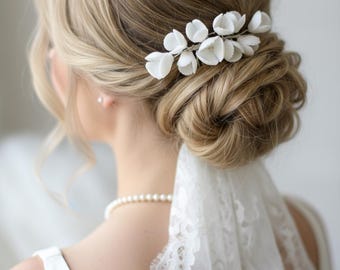 Clay White Flower Hair Pins: Bridal Wedding Accessories