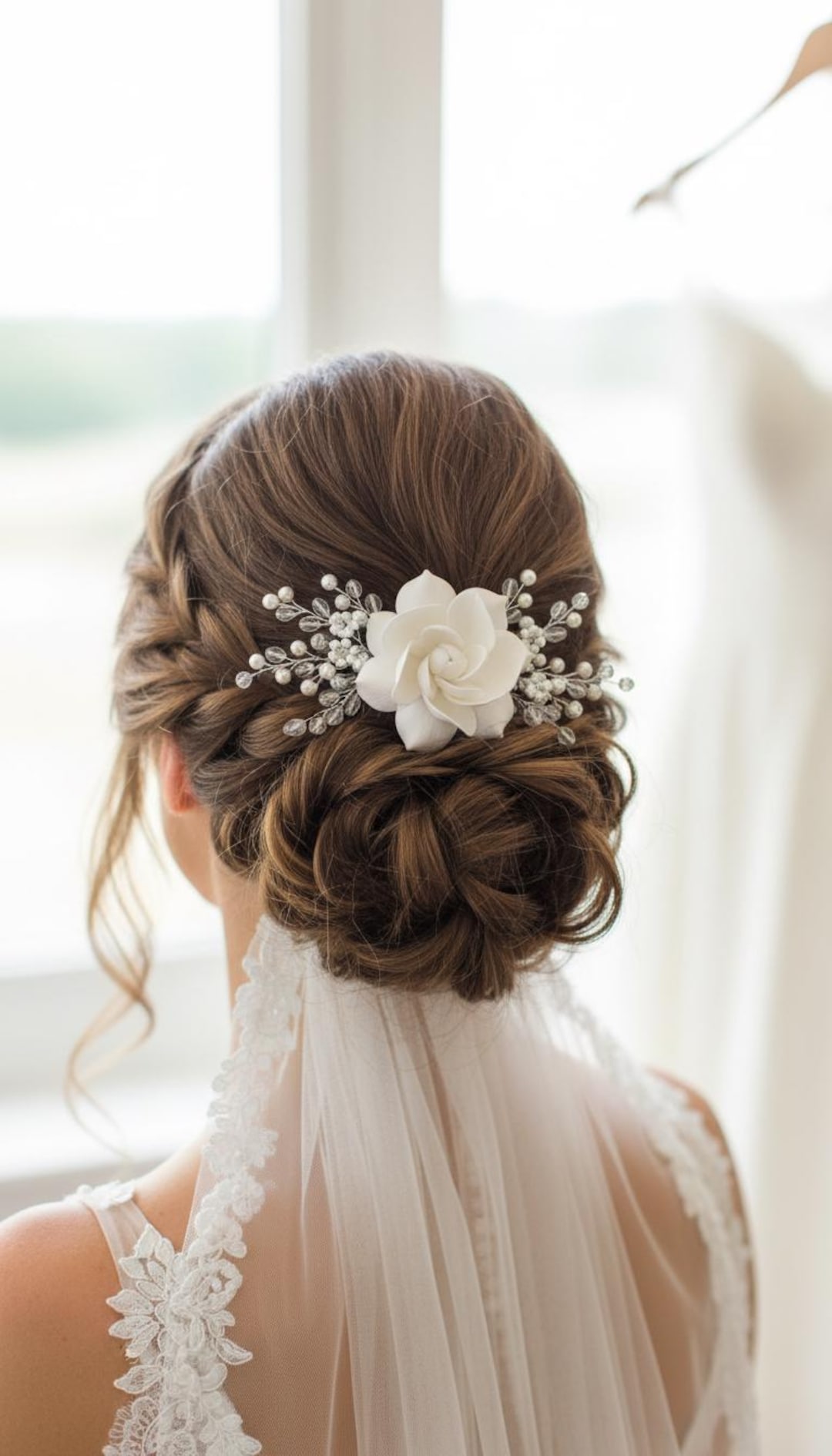 Handmade gardenia and pearl hair comb Handmade Gardenia Bridal Hair Comb, Gold Leaf & Pearl  main image 4