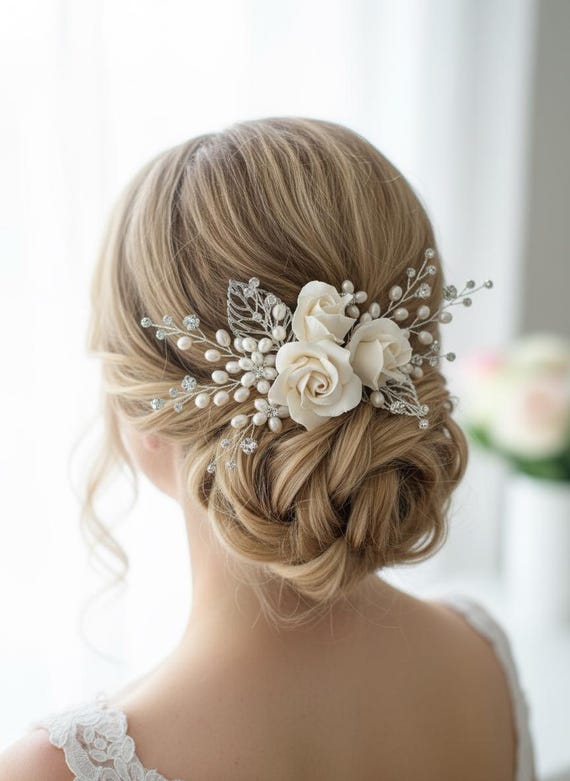 Ivory & Crystal Bridal Hair Comb Ivory Pearl and Crystal Leaves Narrow Hair Comb - Cassandra  main image 4