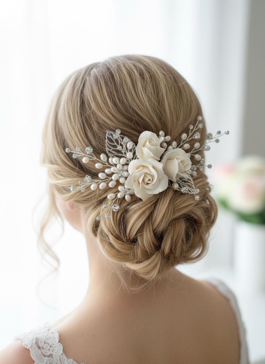 Ivory Rose Flower Bridal Hair Comb: Pearl Crystal Wedding  display picture 1