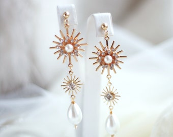 14K Gold Star Bridal Earrings: Pearl Wedding Celestial Earrings