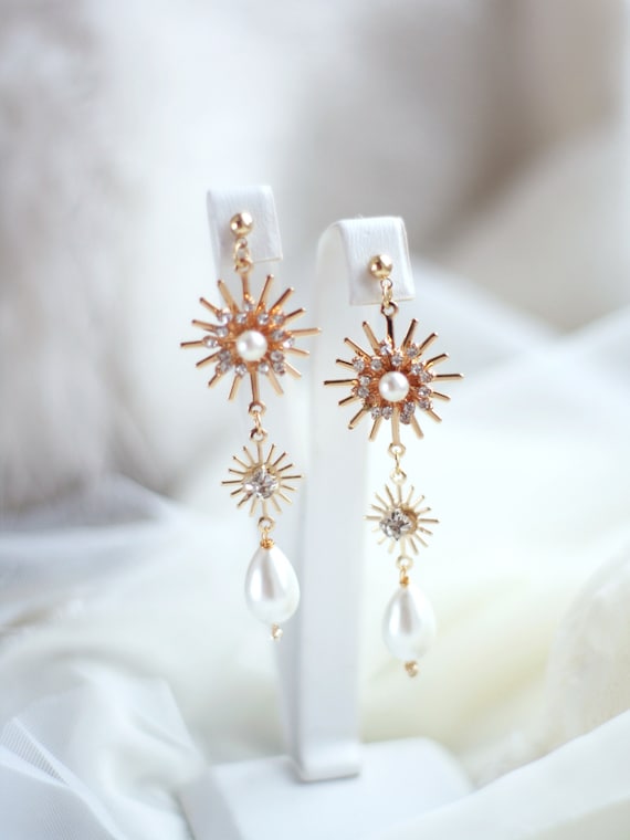 Gold Celestial Star Earrings Gold Wedding Earrings Pearl Gold | Etsy