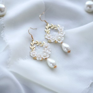 Floral Wedding Earrings, Pearl Gold Earrings, Flower Bridal Earrings, Gold Hoop Earrings, Leaf Earrings image 3