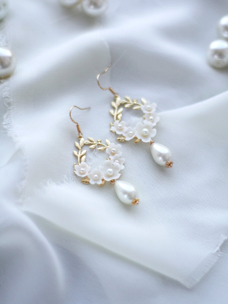 Floral Wedding Earrings, Pearl Gold Earrings, Flower Bridal Earrings, Gold Hoop Earrings, Leaf Earrings image 3