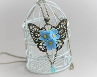 Antique Butterfly necklace, Butterfly jewelry, Forget me not necklace, Butterfly Pendant, Gift for Women Gift For Her