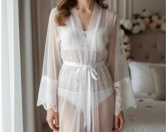 Chantilly Lace Soft Tulle Bridal Robe: White Wedding Robe with Lace Sleeves