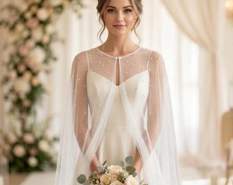 Pearl Tulle Wedding Cape: Bridal Cover Up, Shoulder Veil