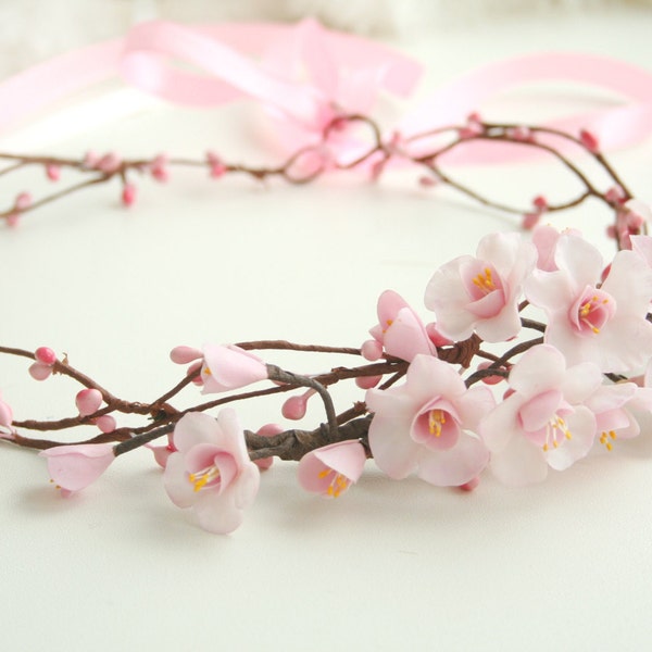 Couronne de fleurs de Sakura en argile, morceau de cheveux Sakura, couronne de fleurs de mariage, casque de fleurs roses, accessoires de cheveux de mariée