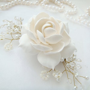 Clay Gardenia Flower Wedding Hair Comb: Pearl Crystal Gold Headpiece