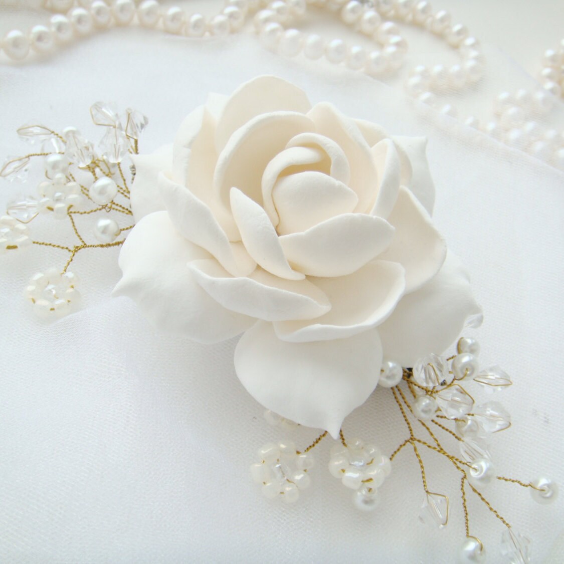 Clay Gardenia Flower Wedding Hair Comb: Pearl Crystal Gold  display picture 1
