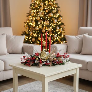Large Christmas Candle Centerpiece, Holiday Table Decor, Gold Red Berry Arrangement image 3