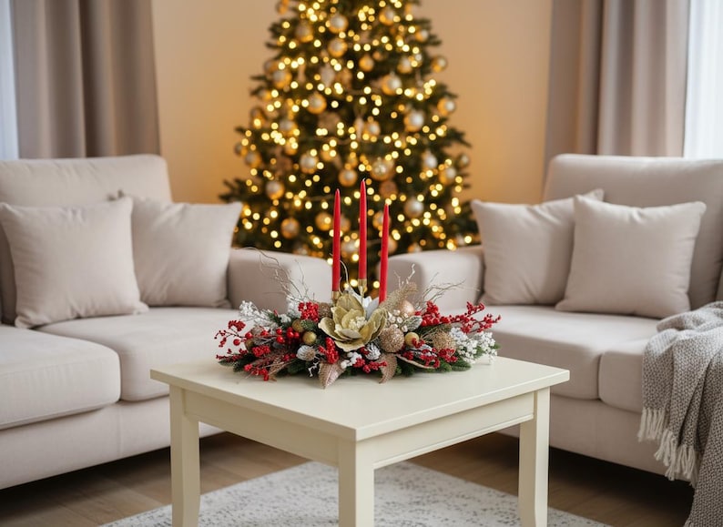 Large Christmas Candle Centerpiece, Holiday Table Decor, Gold Red Berry Arrangement image 3