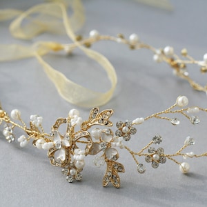 Crystal Pearl Wedding Hair Vine: Gold Bridal Tiara Crown