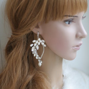 Pearl Crystal Wedding Earrings, Long Pearl Bridal Earrings, Pearl Silver Earrings, Handmade Earrings image 9