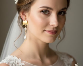 Long Dangle Pearl Bridal Earrings:  Floral Wedding Jewelry