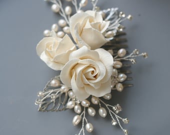 Ivory Rose Hair Comb with Freshwater pearl and crystal branch, Pearl Crystal hair pins, Clay Flower Bridal headpiece, Ivory hair piece
