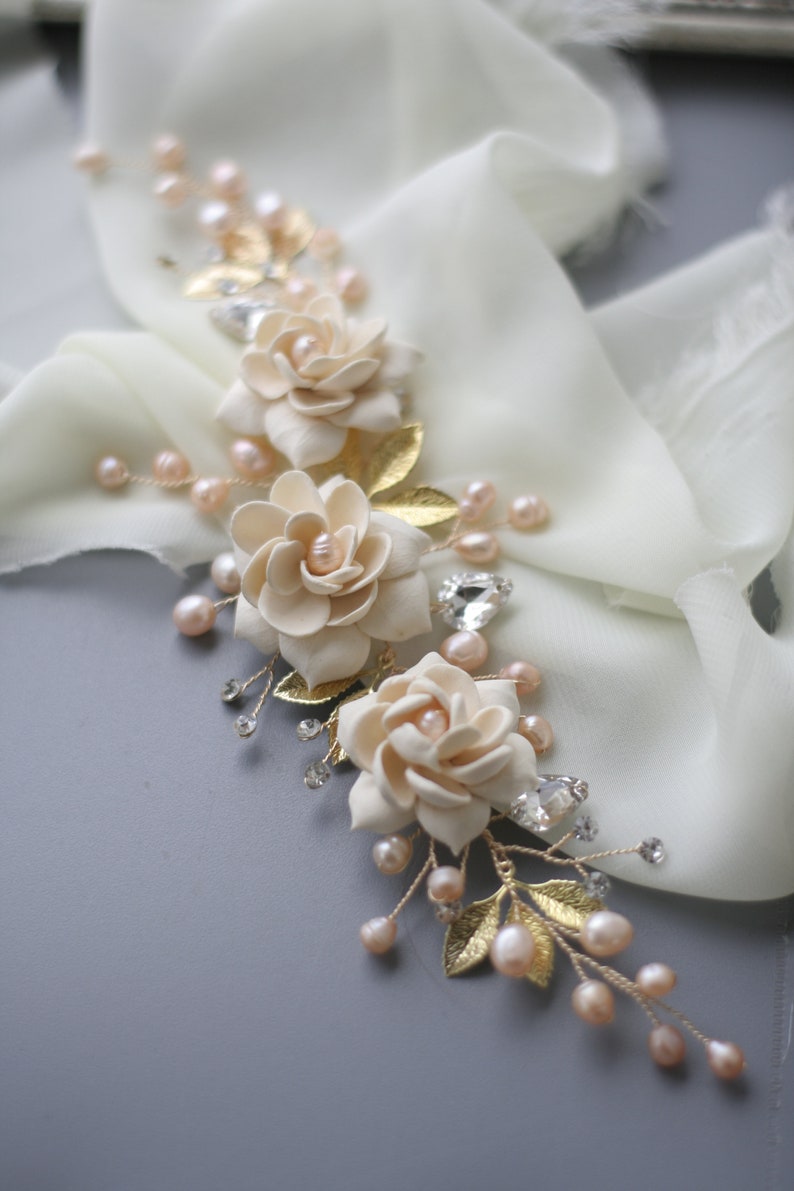 Peach Pearl Headpiece Flower Wedding Headpice Gardenia Wedding Etsy