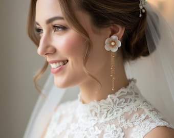 Gold Floral Dangle Bridal Earrings: Clay Flower Wedding Earrings