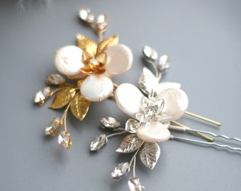 Silber-Gold-Blumen-Haarstifte, Blütenblatt-Perlen-Hochzeits-Haarstifte, natürliche Perlen-Brauthaarstifte, Perlen-Blumenstifte, Keshi-Perle