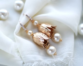 14K Gold Tulip Earrings, Lily of the Valley Flower Earrings, Pearl Gold Earrings, Floral Wedding Earrings, Dangle Earrings