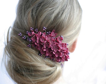 Burgundy Wedding hair comb, Dark Red Bridal hair comb, Wedding flower comb, Bridal flower comb