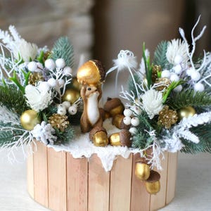 White Gold Christmas Centerpiece for table, Christmas Arrangement with Squirrel & Acorn, Christmas Table Decor, Christmas Decorations