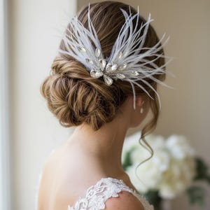 Handmade Pastel Rainbow Rose and Millinery Feather Crystal Hair Clip Romantic Rose Gold and Ivory Victorian Hair Clip | Wedding Hair  main image 4