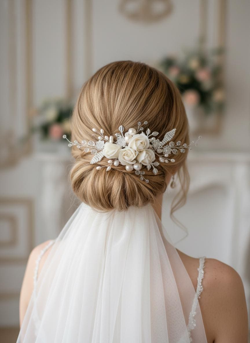 Silver Wedding Hair Comb: Ivory Flower, Pearl & Crystal 