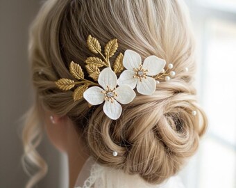 Vintage Bridal Hair Comb: Gold Leaf & Hydrangea Flowers Hair Piece