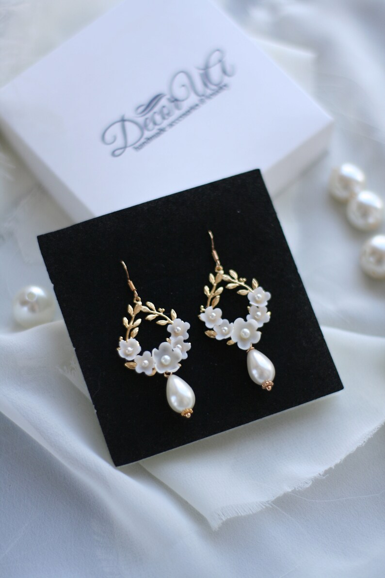 Floral Wedding Earrings, Pearl Gold Earrings, Flower Bridal Earrings, Gold Hoop Earrings, Leaf Earrings image 6