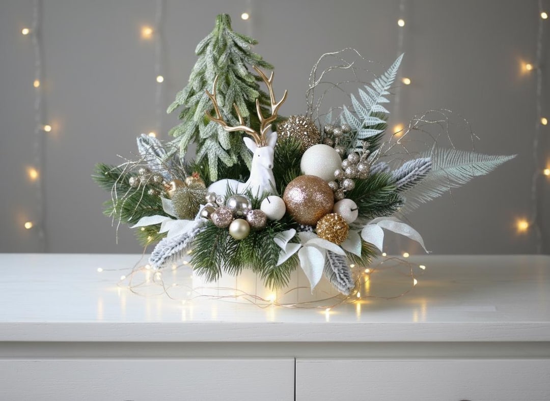 Champagne Christmas Table Centerpiece: Deer Tree Floral