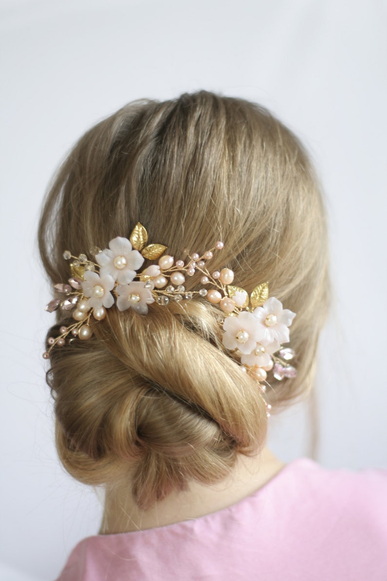Gold Blush hair pins Wedding hair pins flower Pink Pearl hair Etsy