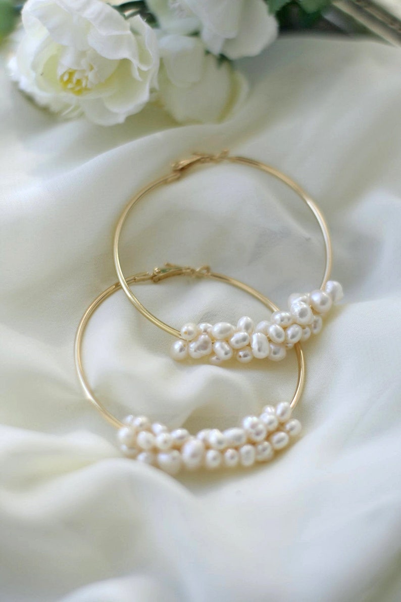 Natural Pearl Hoop Wedding Earrings Silver Hoop Pearl Bridal Earrings Silver Pearl Jewelry image 3