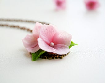 Pink Hydrangea Flower Necklace, Hydrangea Jewelry, Polymer Clay Necklace, Blossom Jewelry, Mothers Day Gift for Women, Gift For Her