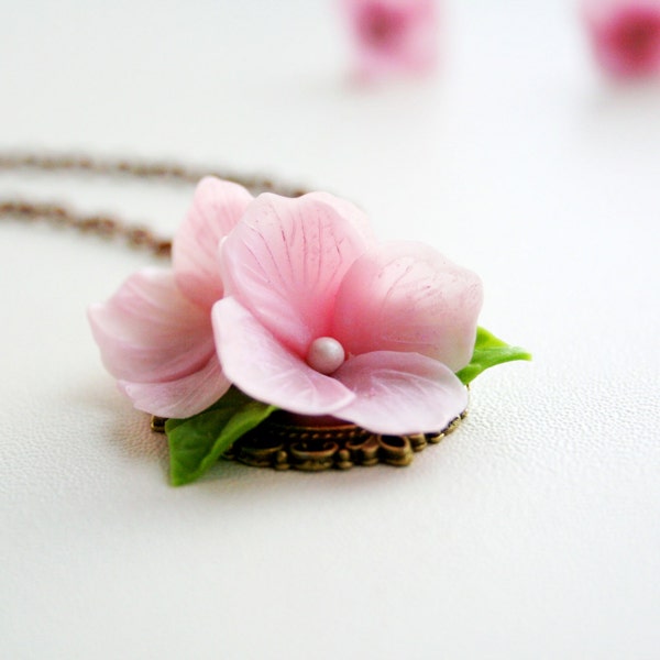 Pink Hydrangea Flower Necklace, Hydrangea Jewelry, Polymer Clay Necklace, Blossom Jewelry, Mothers Day Gift for Women, Gift For Her