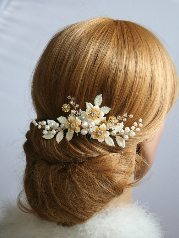 Gold & White Enamel Flower Hair Accessories Gold Flower Wedding Hair Clip: Vintage Enamel Bridal  main image 2