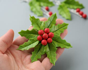 Christmas necklace, christmas jewelry, christmas gifts, holly berry necklace pendant, holiday necklace, jewelry gift, polymer clay necklace
