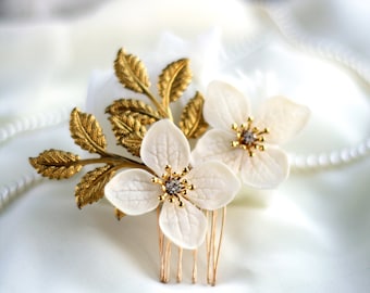 Gold branch leaf with flowers hair piece, Hydrangea hair comb, Clay Flower comb, Flower Bridal hair pins, Flower Wedding hair pins