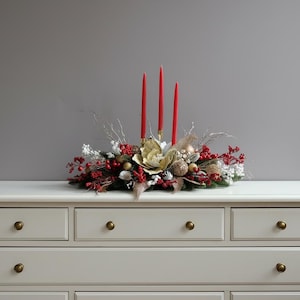 Large Christmas Candle Centerpiece, Holiday Table Decor, Gold Red Berry Arrangement image 5