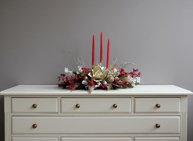 Large Christmas Candle Centerpiece, Holiday Table Decor, Gold Red Berry Arrangement image 5