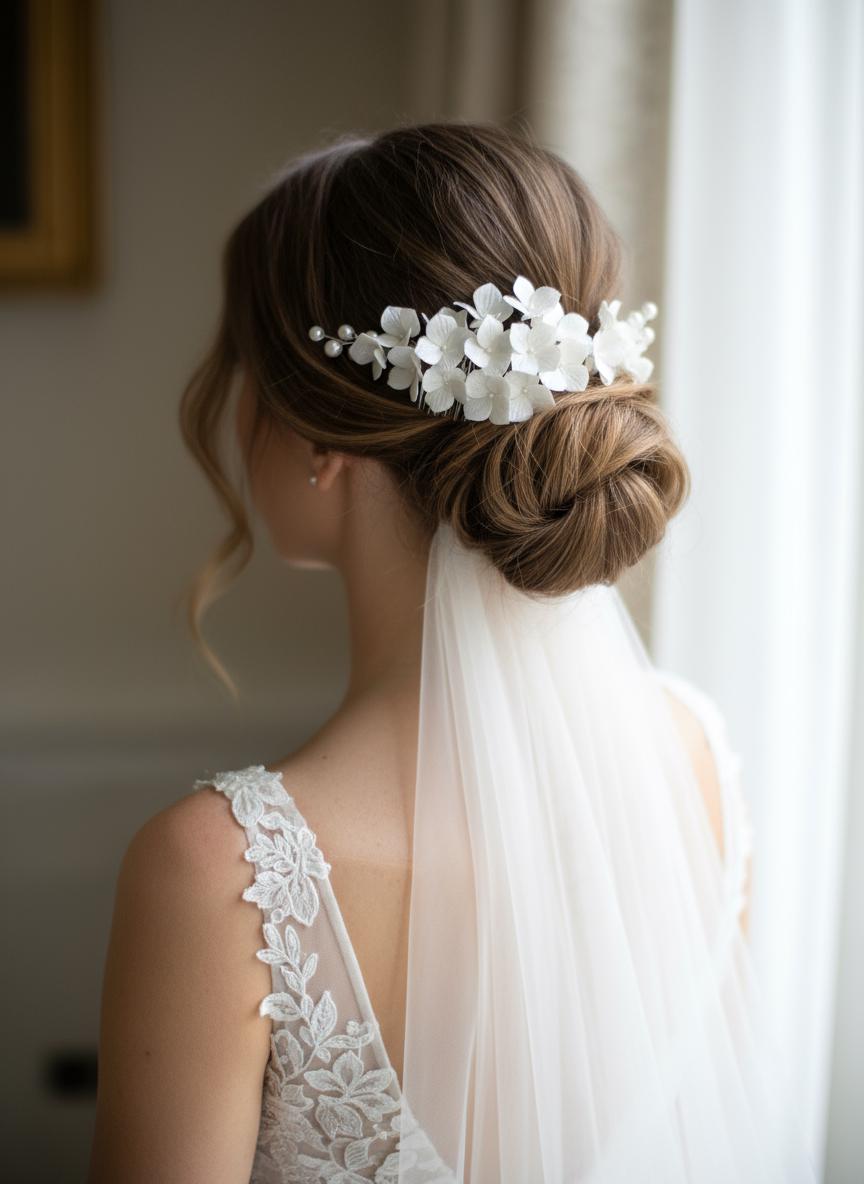 White Hydrangea Flower Bridal Hair Comb with Pearls, Wedding headpiece