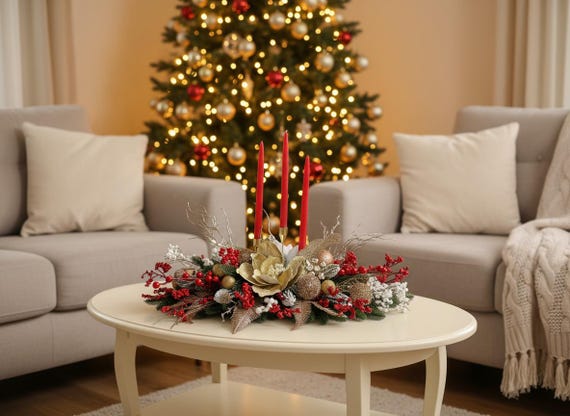 Large Christmas Candle Centerpiece, Holiday Table Decor, Gold Red Berry Arrangement
