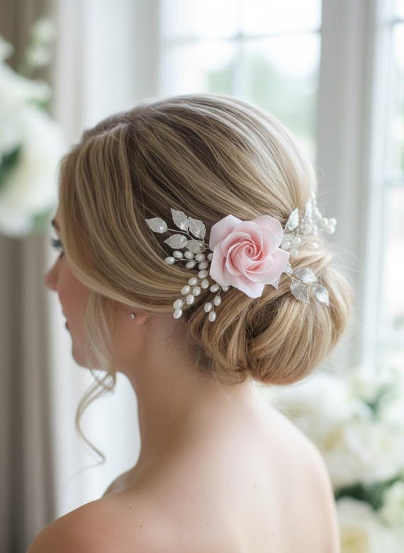 Pink Rose Bridal Flower Hair Pin: Pearl Wedding Hair  display picture 3
