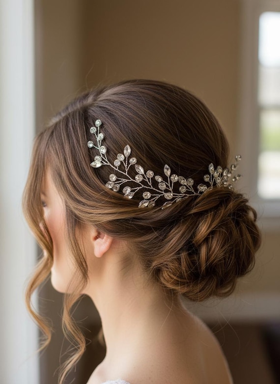 Crystal Bridal Headpiece Silver Wedding Headband Pearl Hair Vine Rhinestone Bridal Headband/Vine Silver Pearl & Crystal - Wedding Hair  main image 2