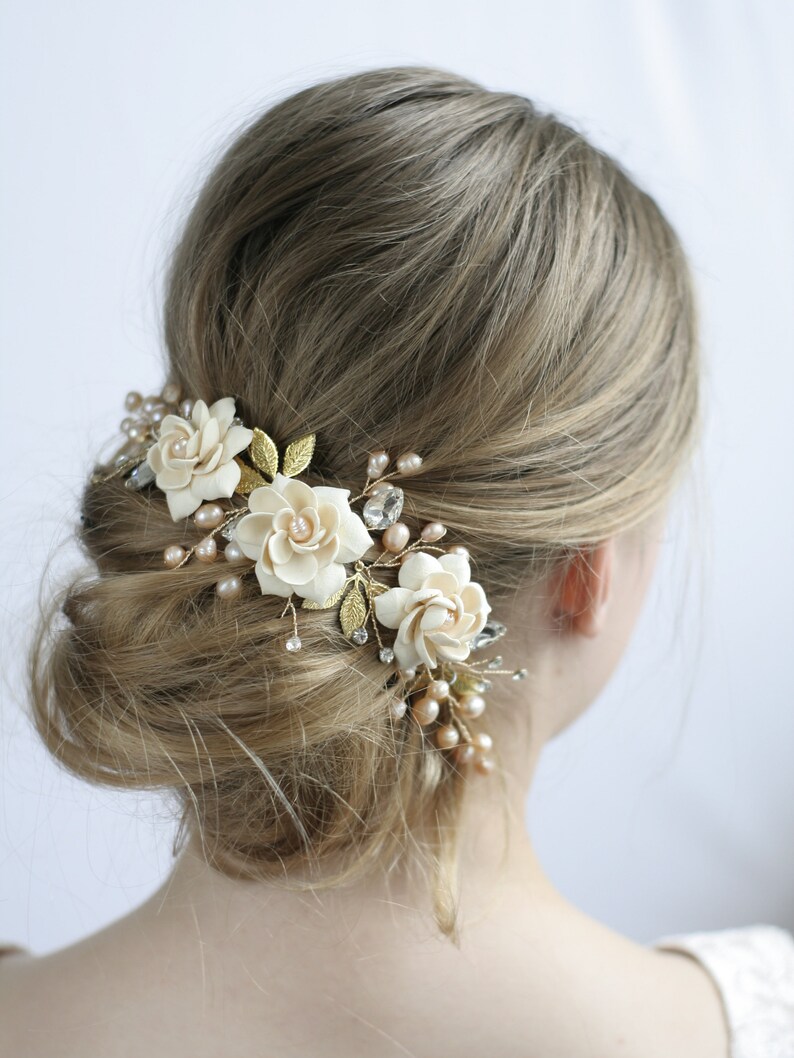 Peach Pearl Headpiece Flower Wedding Headpice Gardenia Wedding Etsy