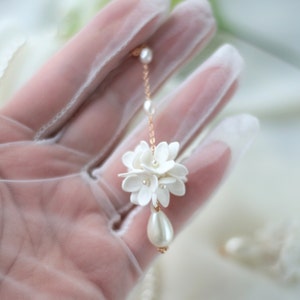 Long Pearl Flower Ball Earrings, Flower Bridal Earrings, Flower Wedding Earrings, White Lilac Earrings image 6