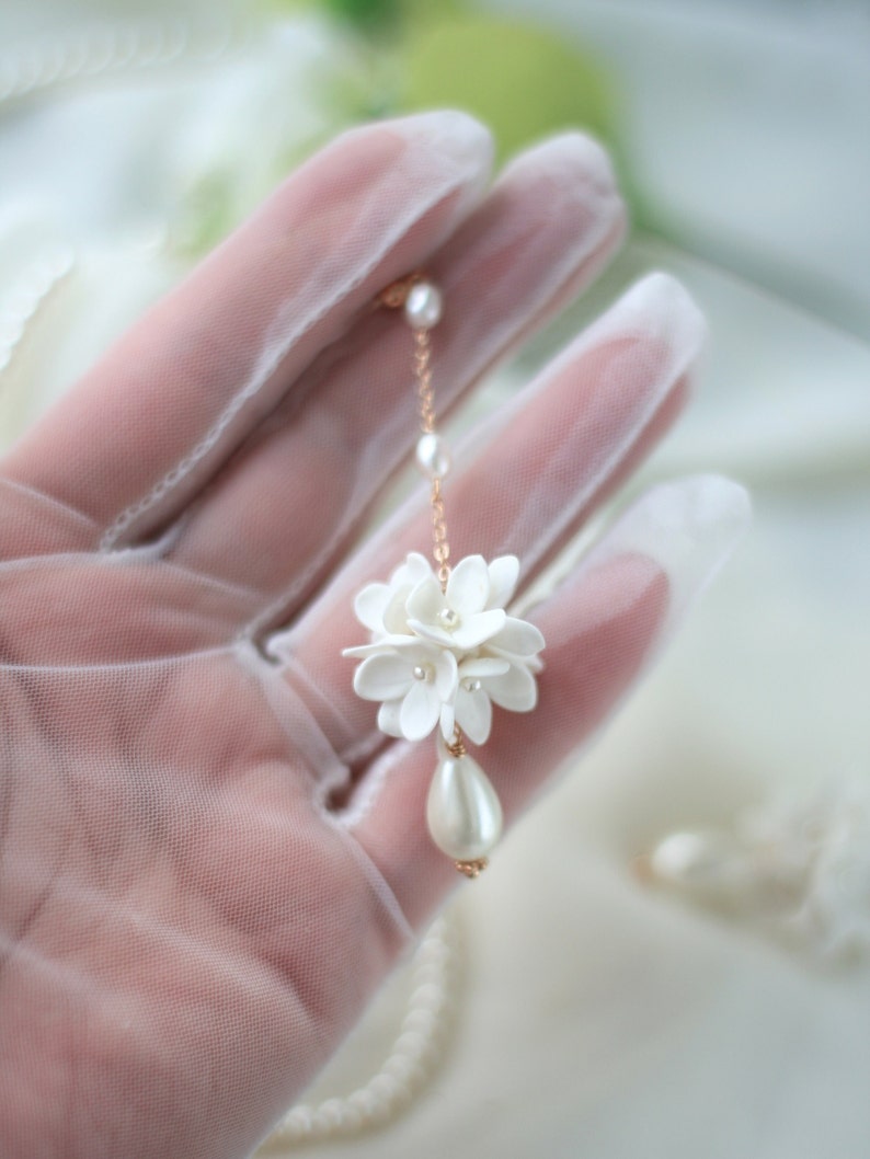 Long Pearl Flower Ball Earrings, Flower Bridal Earrings, Flower Wedding Earrings, White Lilac Earrings image 6