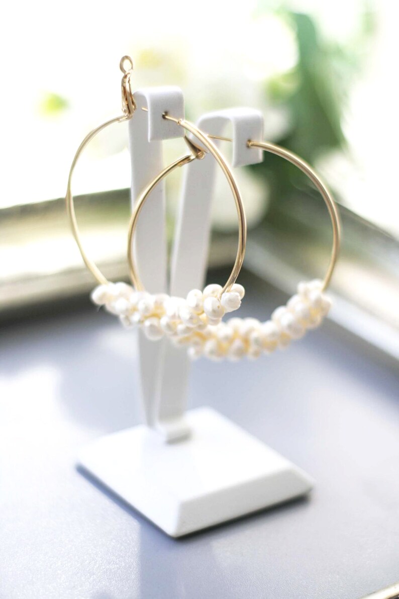 Natural Pearl Hoop Wedding Earrings Silver Hoop Pearl Bridal Earrings Silver Pearl Jewelry image 6