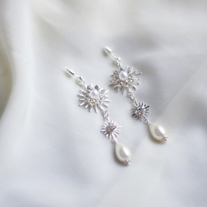 Silver Star Earrings, Drop Pearl Wedding Earrings Silver, Pearl Silver Bridal Earrings, Celestial Star Earrings image 2